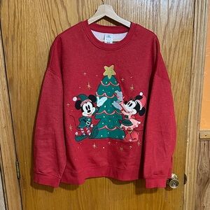 Disney Parks Christmas Mickey Minnie Semi-Cropped Sparkle Sweatshirt 1X embroid‎